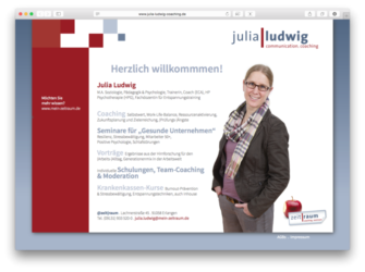 <a href='http://www.julia-ludwig-coaching.de' target='_blank'>www.julia-ludwig-coaching.de</a><br />Julia Ludwig - Communication. Coaching - Webvisitenkarte<br />Gemeinschaftsproduktion mit Sabine Perlinger von <a href='http://www.pool-x.de' target='_blank'>www.pool-x.de</a><br />September 2015 - Technologie: HTML responsive (81/142)